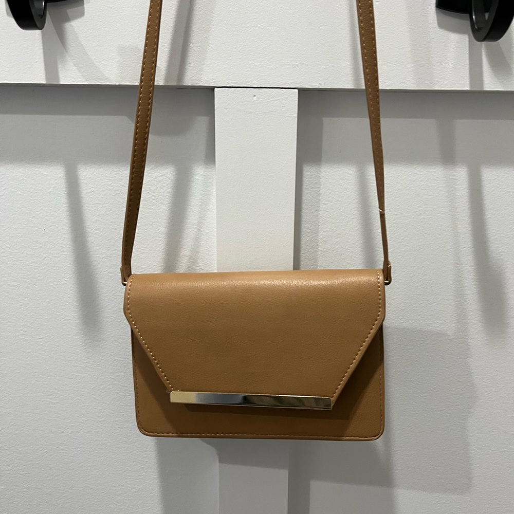 Madison West Tan Crossbody Bag with Flap Closure